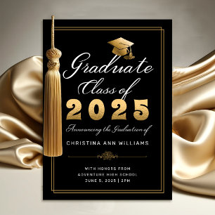 Faire-part Élégant Black Gold Script Classe de 2025 Graduatio