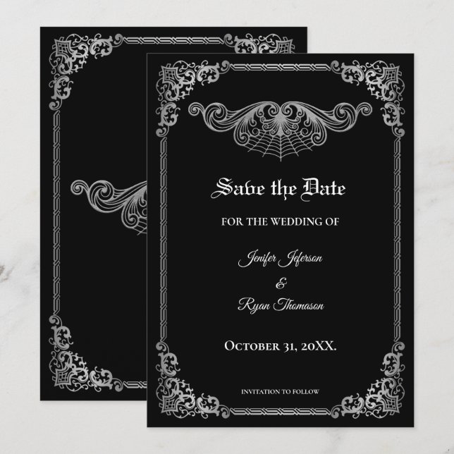 Faire-part Elegant black Gothic wedding save the date (Devant / Derrière)