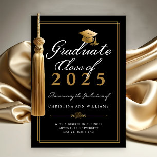 Faire-part Élégant Blancs Gold Script Black College Graduatio