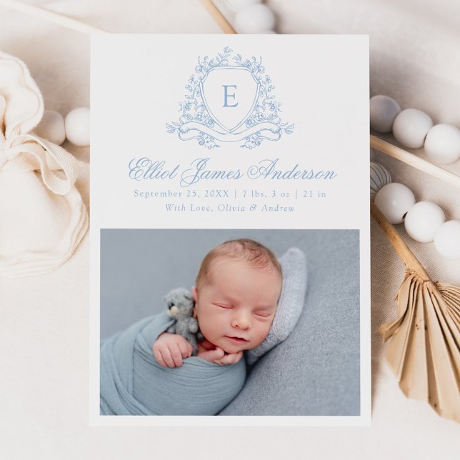 Faire-part Elégant bleu floral Crest Monogramme 4 Photo Naiss (Créateur téléchargé)
