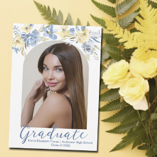 Faire-part Élégant bleu jaune Floral Photo de fin d'études