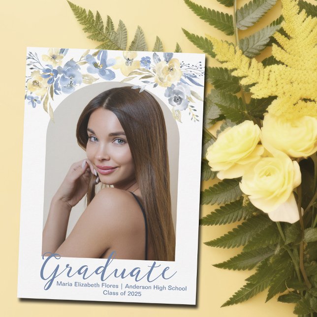 Faire-part Élégant bleu jaune Floral Photo de fin d'études (Créateur téléchargé)