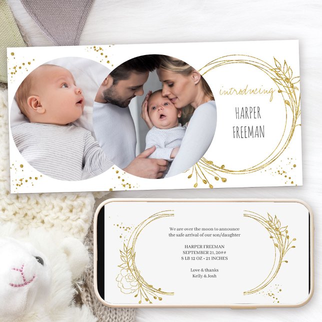 Faire-part Elégant Botanical Gold 2 Photo Naissance (Modern Photo Baby Birth Announcement. Buy printed or as a printable digital download)