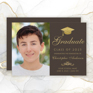 Faire-part Elégant Brown Gold Script Casquette photo Graduati