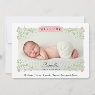 Faire-part Elégant cadre floral rose bébé fille photo naissan