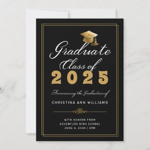 Faire-part Elégant Casquette Gold Grad Frame Black 2024 Gradu