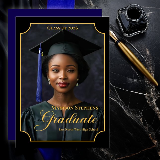Faire-part Elegant Class of 2026 Portrait Graduation (Luxury Black & Gold Portrait Graduation Announcement with Ornate Frame and Script Typography - Blue)
