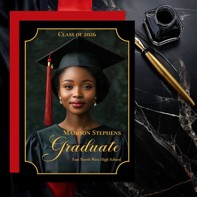 Faire-part Elegant Class of 2026 Portrait Graduation (Luxury Black & Gold Portrait Graduation Announcement with Ornate Frame and Script Typography - Red)