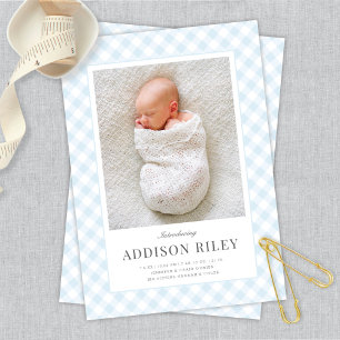 Faire-part Élégant classique bleu En vichy bébé garçon naissa