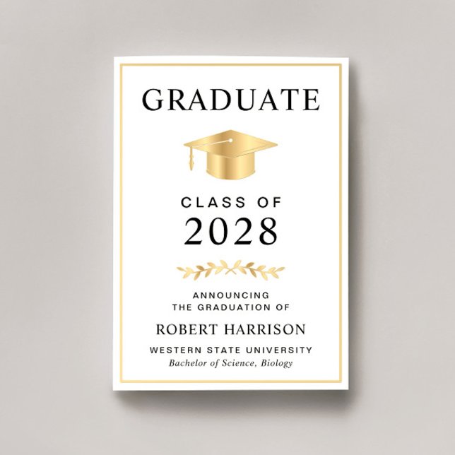 Faire-part Elegant College Gold Graduation (An elegant college graduation announcement to celebrate the graduate's achievements)
