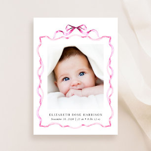 Faire-part Elégant Coquette Rose Bow Photo Fille Naissance