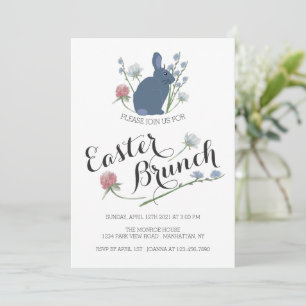 Faire-part Elégant Fleur sauvage & Bunny Gris, Brunch de Pâqu