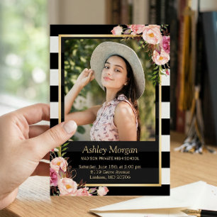 Faire-part Élégant Floral Or Black White Stripes Graduation