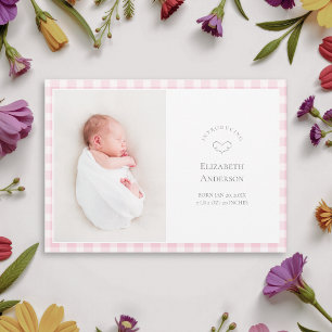 Faire-part Élégant gingham rose bébé 2 Photo Naissance Fille