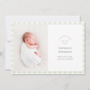 Faire-part Élégant gingham vert sauge 2 Photo Naissance Bébé