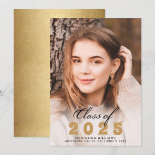 Faire-part Elégant Gold Black Script Photo 2025 Graduation