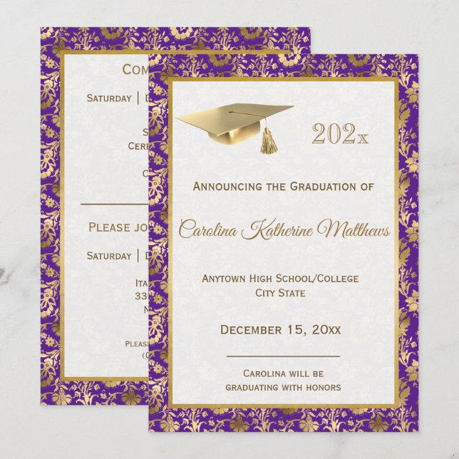 Faire-part Élégant Gold Purple Floral Graduation (Devant / Derrière)