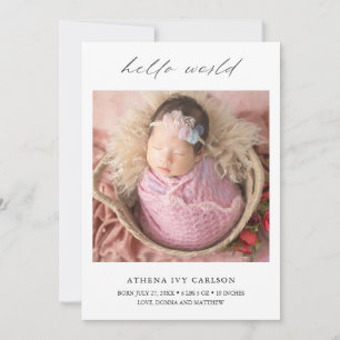 Faire-part Élégant moderne Hello World Photo Simple Birth
