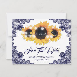 Faire-part Elegant Navy Blue Floral Lace Sunflower Wedding