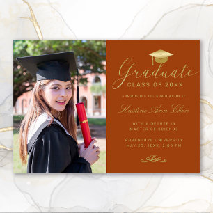 Faire-part Elegant Orange Gold Formal Script Photo Graduation
