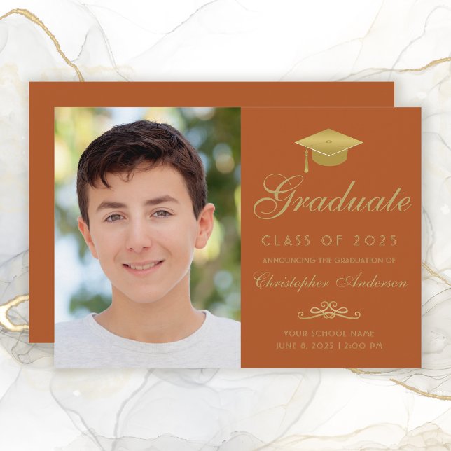 Faire-part Elégant Orange Gold Script Casquette Photo Graduat (Elegant Orange and Gold Photo Graduation Announcement for boys.)