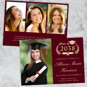 Faire-part Élégant Photo Burgundy Gold College Graduation