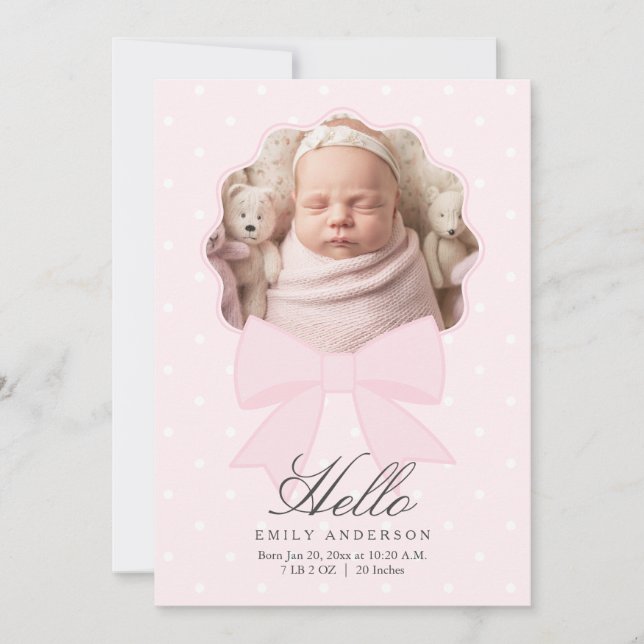 Faire-part Elégant Pink Bow Baby Girl Photo Collage Naissance (Devant)