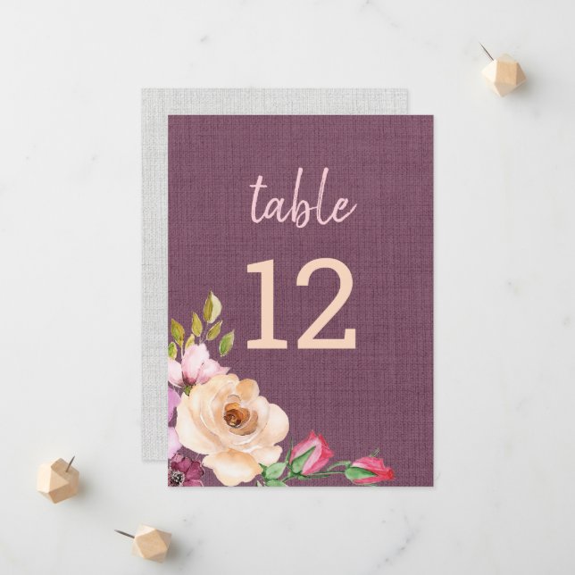 Faire-part Elégant Purple Pêcher Rose toile texturée (Devant/Arrière en situation)