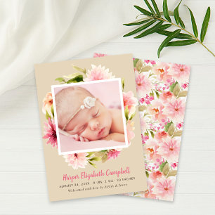 Faire-part Élégant rose floral bébé fille photo Beige naissan