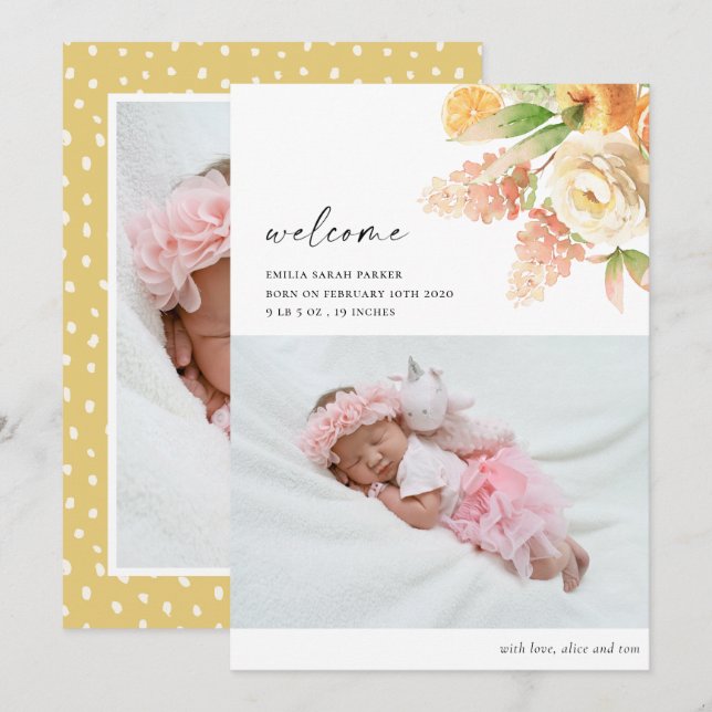 Faire-part Elégant Rose jaune florale photo Bébé naissance (Devant / Derrière)