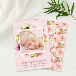 Faire-part Élégant rose pâle Floral Baby Girl Photo Naissance