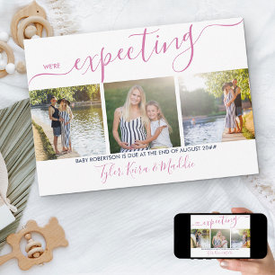 Faire-part Élégant Script 3 Carré Photo Rose Marine Grossesse