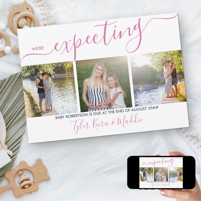 Faire-part Élégant Script 3 Carré Photo Rose Marine Grossesse (Créateur téléchargé)