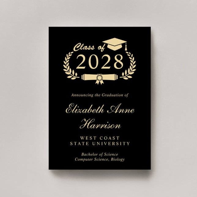 Faire-part Élégant Script Black Gold College Graduation (Share the pride and excitement of your graduate's achievement with friends and family near and far)