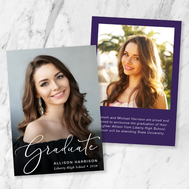 Faire-part Élégant script blanc photo Purple Graduation (An elegant photo graduation announcement to celebrate the graduate's achievements)
