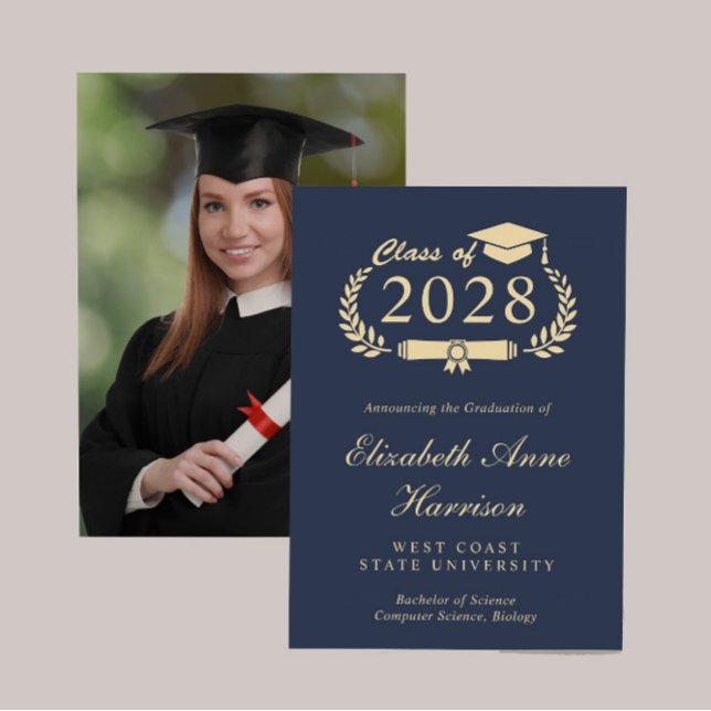Faire-part Élégant Script Blue Gold Photo College Graduation (Share the pride and excitement of your graduate's achievement with friends and family near and far)