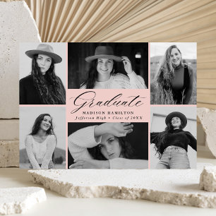 Faire-part Élégant Script Blush 6 Photo Collage Graduation