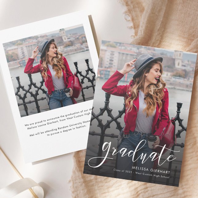 Faire-part Élégant Script de Graduation Photo 2025 Grad (2025 Graduation Script 2 Photos Announcement)
