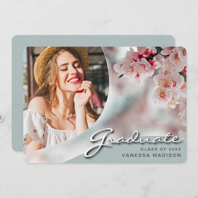 Faire-part Élégant Script Fleurs blanches | Modern Photo Grad (Devant / Derrière)