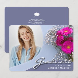 Faire-part Élégant Script Fleurs Roses   Modern Photo Grad