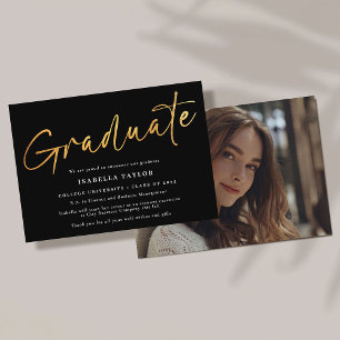 Faire-part Élégant Script moderne Black Gold Photo Graduation