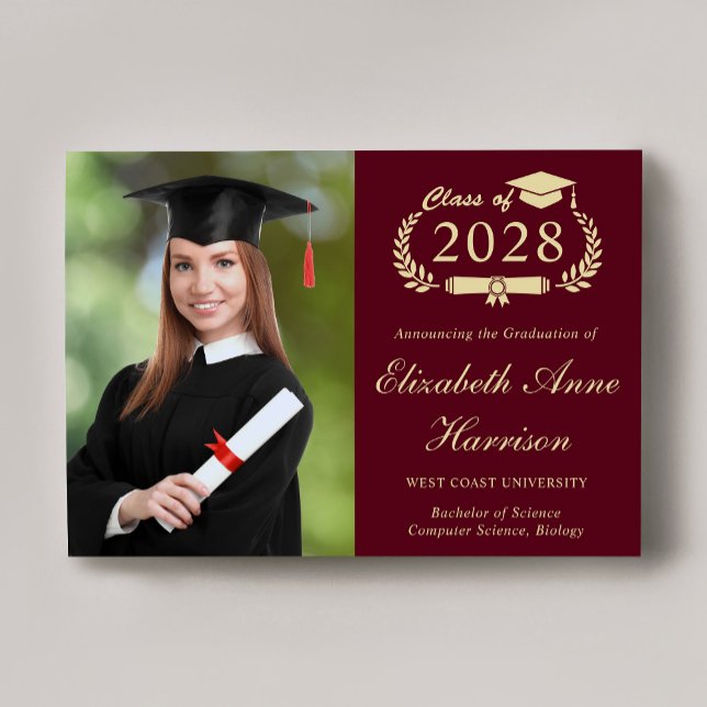 Faire-part Élégant Script Photo Burgundy College Graduation (An elegant college graduation announcement to celebrate the graduate's achievements)