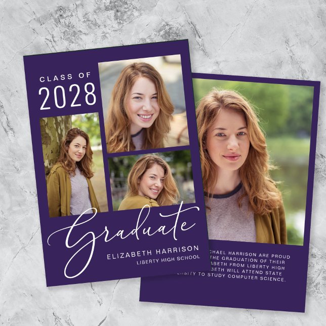 Faire-part Élégant Script Photo Collage Purple Graduation (An elegant photo collage graduation announcement to celebrate the graduate's achievements)
