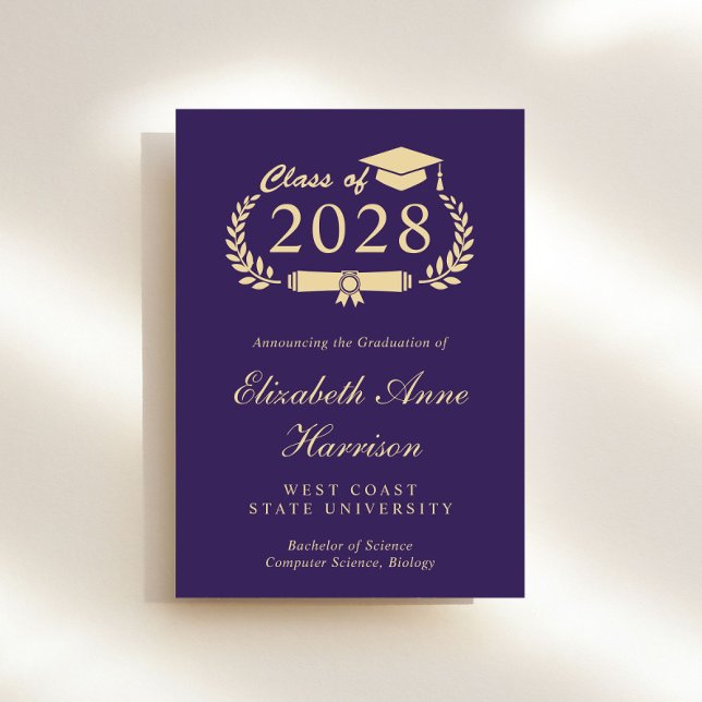 Faire-part Élégant Script Purple Gold College Graduation (Share the pride and excitement of your graduate's achievement with friends and family near and far)