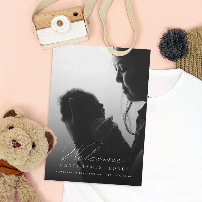 Faire-part Élégant Script Welcome Baby Photo Naissance (Créateur téléchargé)