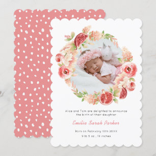Faire-part Elégante aquarelle rose rose photo florale naissan