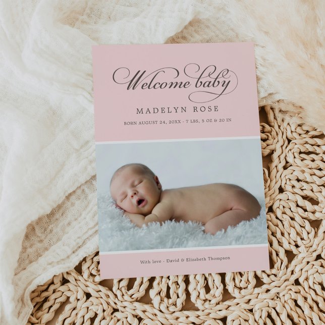 Faire-part Elégante Bienvenue bébé fille rose pâle photo nais (Créateur téléchargé)