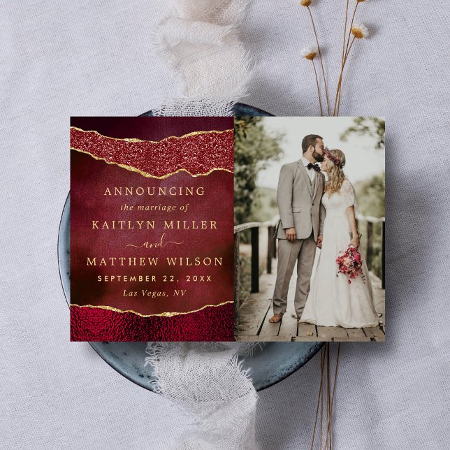 Faire-part Elégante Bourgogne & Or Agate Mariage Photo (Créateur téléchargé)