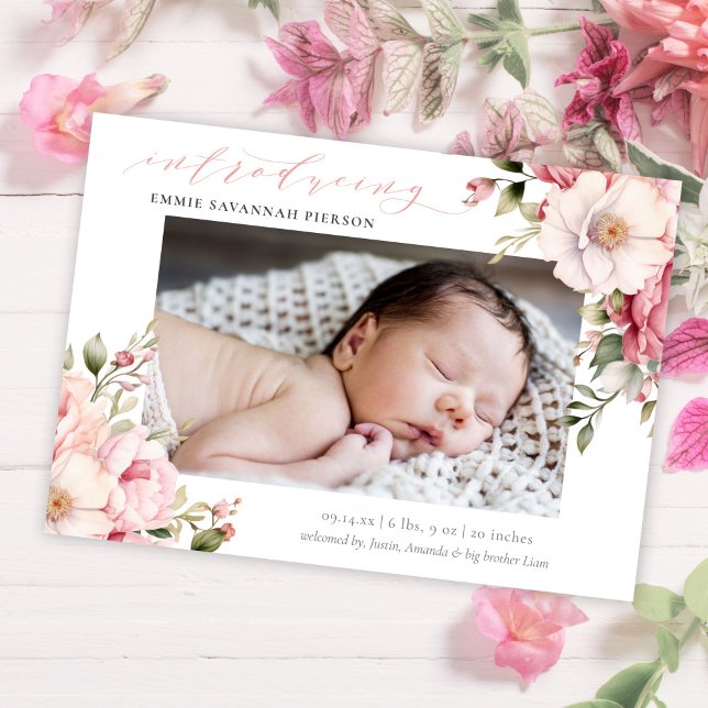 Faire-part Élégante calligraphie rose Floral Baby Photo Naiss (Créateur téléchargé)