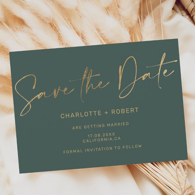 Faire-part Élégante feuille or vert foncé mariage enregistrer (Elegant gold foil dark green wedding save the date announcement)